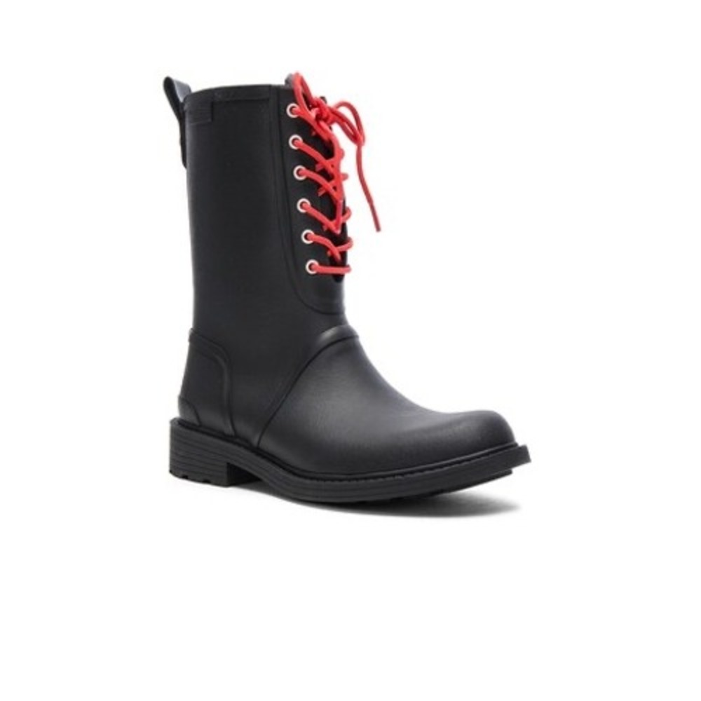 Rag & Bone  Lace Up Rain Boots Black Red Mid Calf Womens